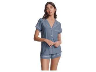 Eberjey Gisele Printed Shortie Pj Set Womens Pajama Sets Duo Stripe Slate Blue/Ivory : LG, Spandex/Viscose