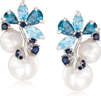 Ross-Simons 6-8.5mm Cultured Pearl and Sky Blue Topaz and London Blue Topaz Earrings With. Sapphires in Sterling Silver