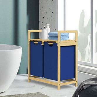 ML Design Ml-design Cesto Para La Colada De Bamb&uacute; Azul Oscuro Caja Para La Ropa Sucia Con 2 Compartimentos Recogedor Con 2 Bolsas Extensibles 60 L Cubo Con Esta