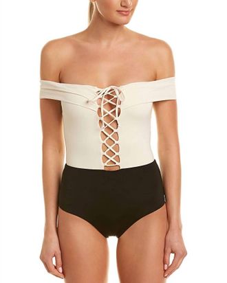 L*Space Anja Off The Shoulder Lace Up Tie One-Piece Swimsuit In Cream/black
