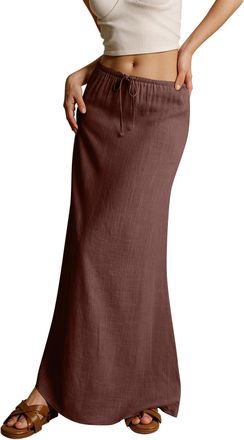 Generic Womens Linen Maxi Skirt Drawstring Low Rise Long Skirts, Cotton Linen Skirts for Women Summer Comfy A Line Long Flowy Skirt (Coffee,XL)