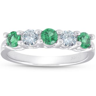 Pompeii3 3/4ct Emerald & Diamond 5-Stone Wedding Ring 14K White Gold Size Selectable
