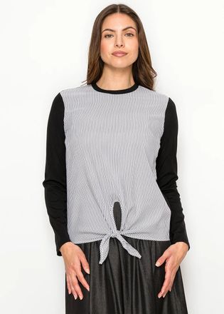YAL New York Contrast Sleeve Pinstripe Tie Detail Top