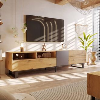 Merax Modern TV Unit with Metal Legs - Media Stand with Doors & Drawers in Natural