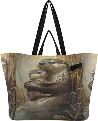 Generic Seal Beige print Reusable Canvas Tote Bag, Heavy Duty Grocery Shopping Bag with Large Capacity Double Handles Hard Bottom Work Groceries Travel