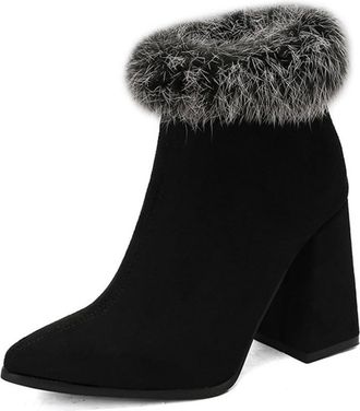 Generic Womens Block High Heel Short Boot Pointed Toe Winter Boots with Side Zipper Faux Suede Ankle Boots,Black,10.5 UK