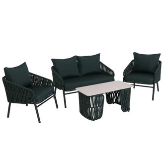 Hhg [nunca Usado] Conjunto De Jard&iacute;n Hhg-224, Conjunto De Sal&oacute;n Sof&aacute; De Jard&iacute;n, Sill&oacute;n, Mesa, Tejido De Cuerda/textil (180 G/m&sup2;), Verde