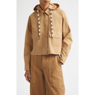 Moncler Hooded Cotton & Nylon Shirt Jacket in Beige at Nordstrom, Size 38