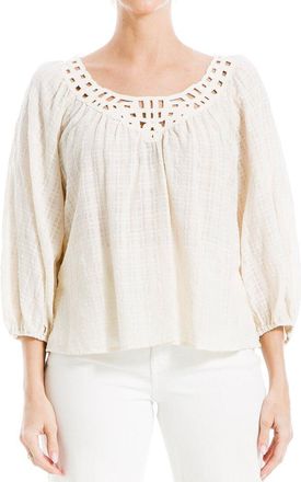 Max Studio 3/4-Bubble Sleeve Crochet Neck Top