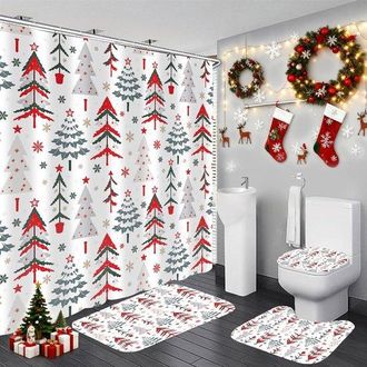 No Brand Juego De Cortina De Ducha De 4 Piezas Con Dise&ntilde;o De &Aacute;rbol De Navidad De Invierno, Decoraci&oacute;n De Ba&ntilde;o Impermeable Con Alfombrillas De Ba&ntilde;o, Art&iacute;culos D