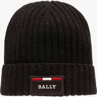 Bally Mens Ribbed Logo Wool Beanie In Black