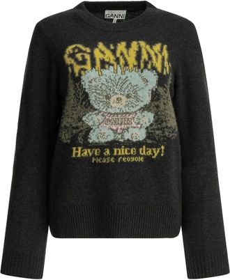 Ganni Teddy Jacquard Gebreide Trui - Dames - Truien - Zwart - Maat: S Zijde