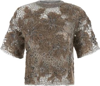 Brunello Cucinelli Tops, Dames, Bruin, L, Wol, Wollen T-shirt