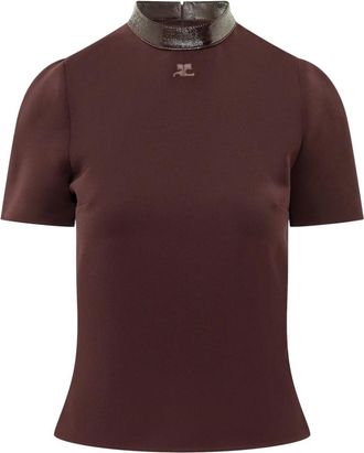 Courr&egrave;ges Heritage Vinyl-Kraag Logo-Patch Blouse - Dames - T-shirts - Bruin - XS - Polyester - Tops
