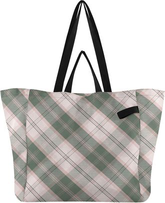 Generic Olive Green Plaid print Reusable Canvas Tote Bag, Heavy Duty Grocery Shopping Bag with Large Capacity Double Handles Hard Bottom Work Groceries Travel
