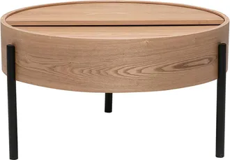 Miliboo Mesa Baja Redonda De Madera Clara De Fresno Y Metal Negro Con Plato Giratorio Y Almacenamiento D80 Cm Yoline
