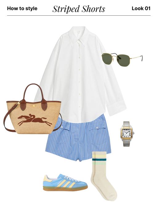 Collage featuring striped shorts, white blouse, Adidas Sambas, Ray Ban sunglasses, and tote bag