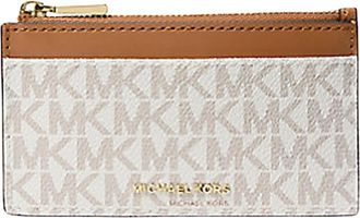 Michael Kors Compacte Logo Print Kaarthouder met Rits - Dames - Portefeuilles - Beige - ONE Size - Katoen - Accessoires