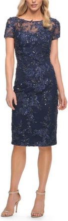 La Femme Beautiful Short Dress with Illusion Top and Sleeve in Navy at Nordstrom, Size 8