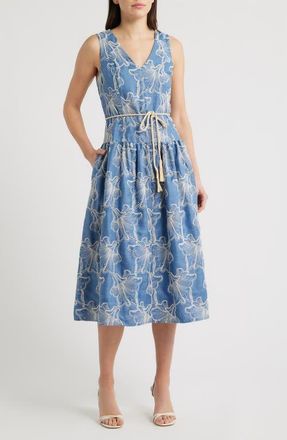 Julia Jordan Floral Embroidery Sleeveless Midi Dress in Blue Multi at Nordstrom, Size 10