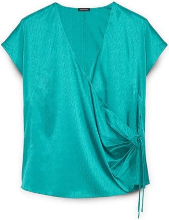 Fiorella Rubino Satijnen blouse met gekruiste halslijn - Dames - Blouses - Groen - 4XL - Satijn - Overhemden