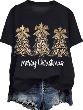 Generic Christmas T Shirt for Womens Funny Festive Printed Blouse Loose Fit Comfortable Xmas Pullover Ladies Short Sleeve Tshirts Christmas Crew Neck Casual S