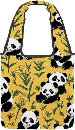 Generic Cute Panda on Yellow Reversible Canvas Shoulder Tote - Double-Sided Print, 12oz Cotton, 27cm Drop, Fold-Flat Bag for Travel, Shopping, Street Outings