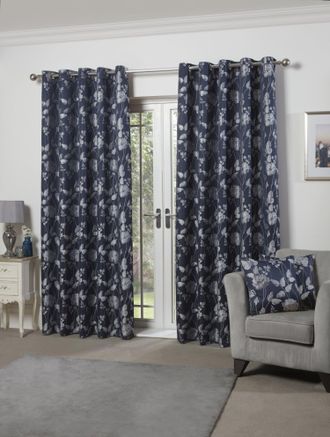 Emma Barclay Butterfly Meadow - Lined Eyelet Jacquard Curtains in Navy - Width 90 x Drop 90 (229 x 229cm) - Emma Barclay | TJ Hughes