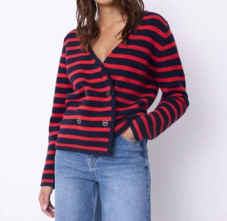 Not Shy Molly Stripe Cardigan Top In Navy/redstripe