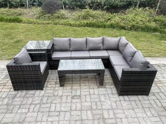 Fimous 7 Seater Rattan Corner Sofa Lounge Sofa Set Rectangular Coffee Table With Arm Chair Right Hand in Dark Grey