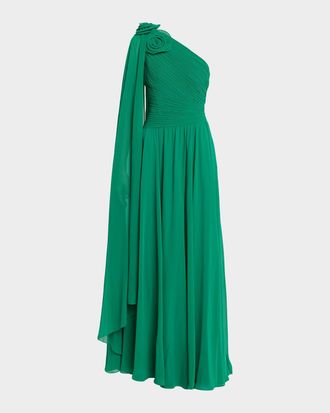 Teri Jon Pleated Cape-Sleeve Chiffon Gown