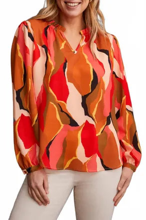 Tribal Long Sleeve Blouse With Ruffle Neck In Desert Sun