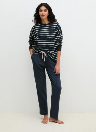 Marc O'Polo Pyjama MARC OPOLO Mix N Match Cotton Pyjama Set Long, Damen, Gr. XL, schwarz navy gestreift, Jersey, Obermaterial: 100% Baumwolle, bequem lang, Rundha