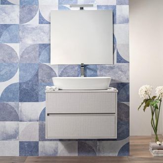 Arche Mobile Bagno Sospeso 100 Cm Beige Effetto Tessuto 2 Cassetti Top Per Lavabo Da Appoggio