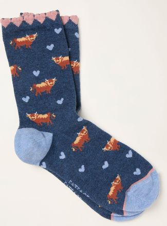 Fat Face FatFace Navy Highland Cow Socks