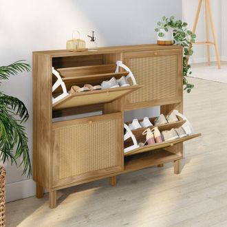 IDMarket Idmarket - Hanae Mueble Zapatero Vintage 4 Puertas 20 Pares Efecto Ca&ntilde;a Natural