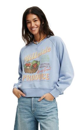 Cotton On Womens Classic Fleece Graphic Raglan Crew Sweatshirt in Hillside Produce Dusk Blue at Nordstrom, Size X-Large