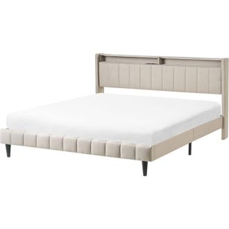 Beliani Beliani - Letto king size ue in tessuto imbottito 180 x 200 cm con testiera contenitore con luci led usb Beige Beaulieu
