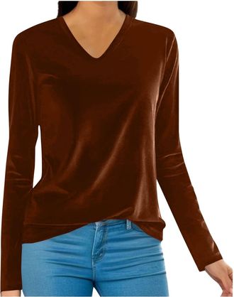 Generic Velvet Tops for Women Elegant Cowl Neck Pleated Blouse Dressy Casual Going Out Puff Long Sleeve Tops Autumn Clothes (Z01-Brown, M)