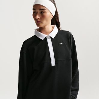 Nike Womens Nike Sportswear Oversized Long-Sleeve Polo in Black | IF0357-010