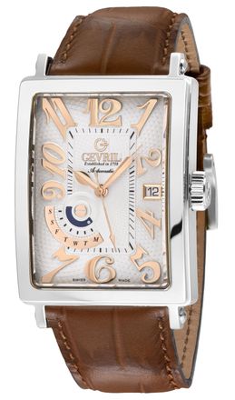 Gevril Group Mens Avenue of Americas SS Case, Silver Dial, Genuine Italian Handmade Leather Strap - Brown - One Size
