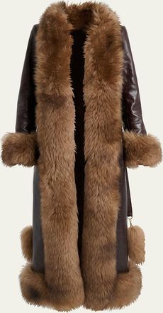 Chlo&eacute; Lamb Shearling-Trim Shiny Leather Long Coat