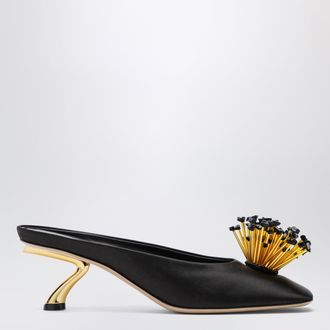 Ferragamo Black mules with sculptural heel and crystal flower