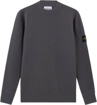Stone Island Grijze Wol Crewneck Sweater met Ribgegevens - Heren - Ronde hals truien - Grijs - XL - Wol - Truien & Vesten