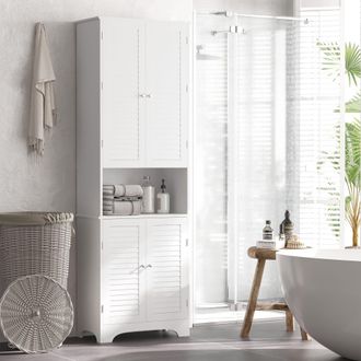 HOMCOM Tall Freestanding Bathroom Cabinet Retro Shutters 3 Shelves in White
