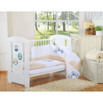OEM Juego De Cama Infantil B&uacute;hos Beige 135x100cm Con Protector De 3 Piezas Con Bordado Beige Y Azul