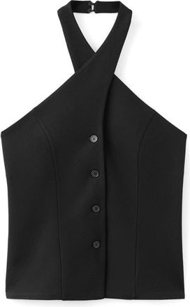 Mango Halter Button-Up Crop Top in Black at Nordstrom, Size Medium