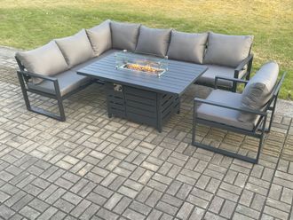 Fimous Aluminium Outdoor Garden Furniture Corner Sofa Gas Fire Pit Dining Table Sets Gas Heater Burner Dark Grey 7 Seater