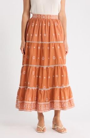 T Tahari Embroidered Tiered Cotton Skirt in Terracotta/White at Nordstrom Rack, Size Large