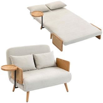 HOMCOM Sof&aacute; Cama 2 Plazas Convertible 3 En 1 Tapizado En Chenilla Con Respaldo Ajustable Mesa Lateral 2 Almohadas Blanco Crema